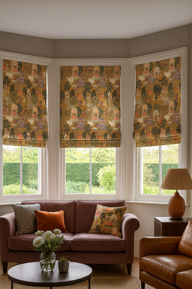 Regal palace garden scenes on yellow background roman blinds